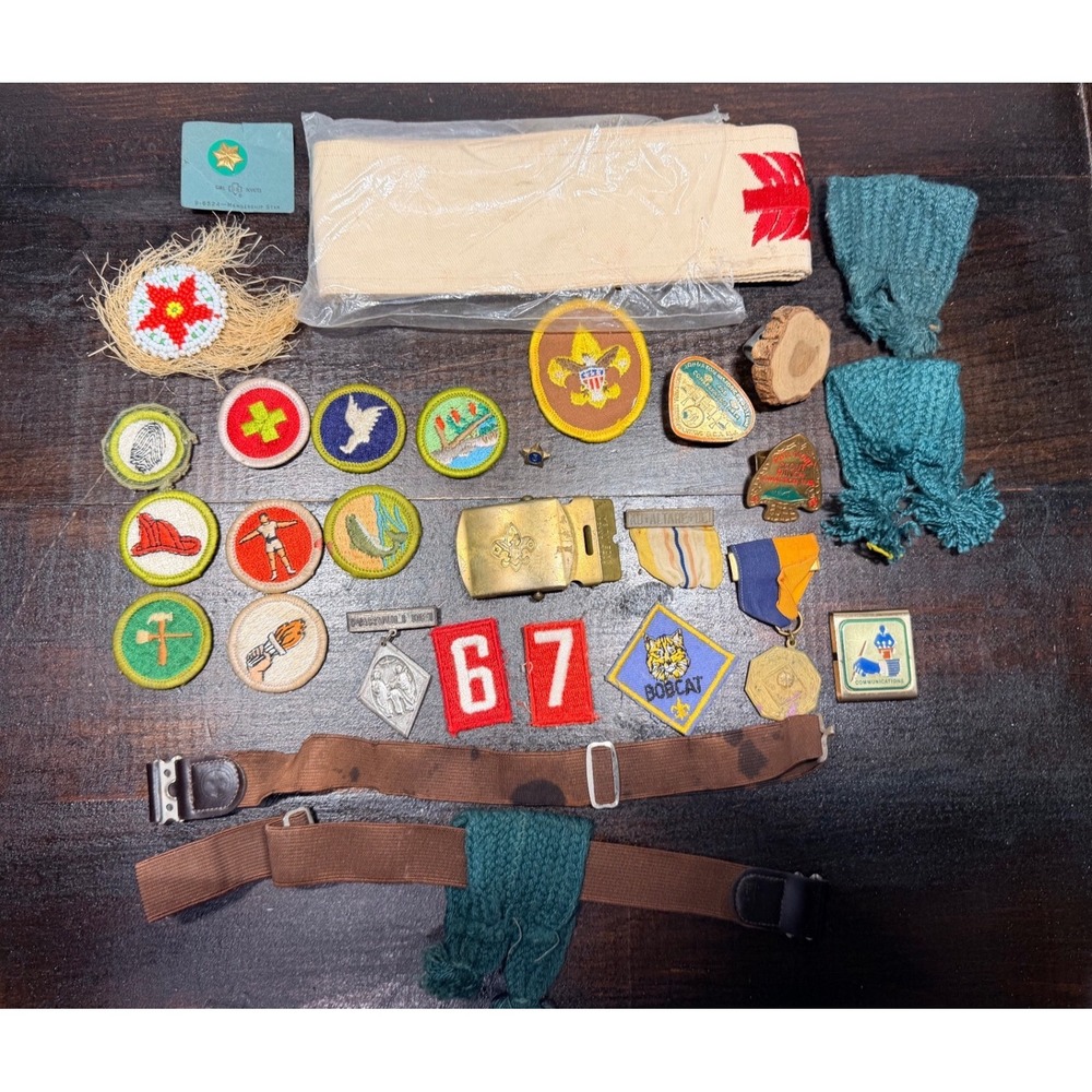 Vintage Boy Scouts B.S.A Lot Patches Belt Buckle Medals Sash Badges Merit Awards